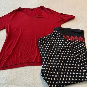 Soma size large pajama, set black and white polkadot with red bows and red top.
